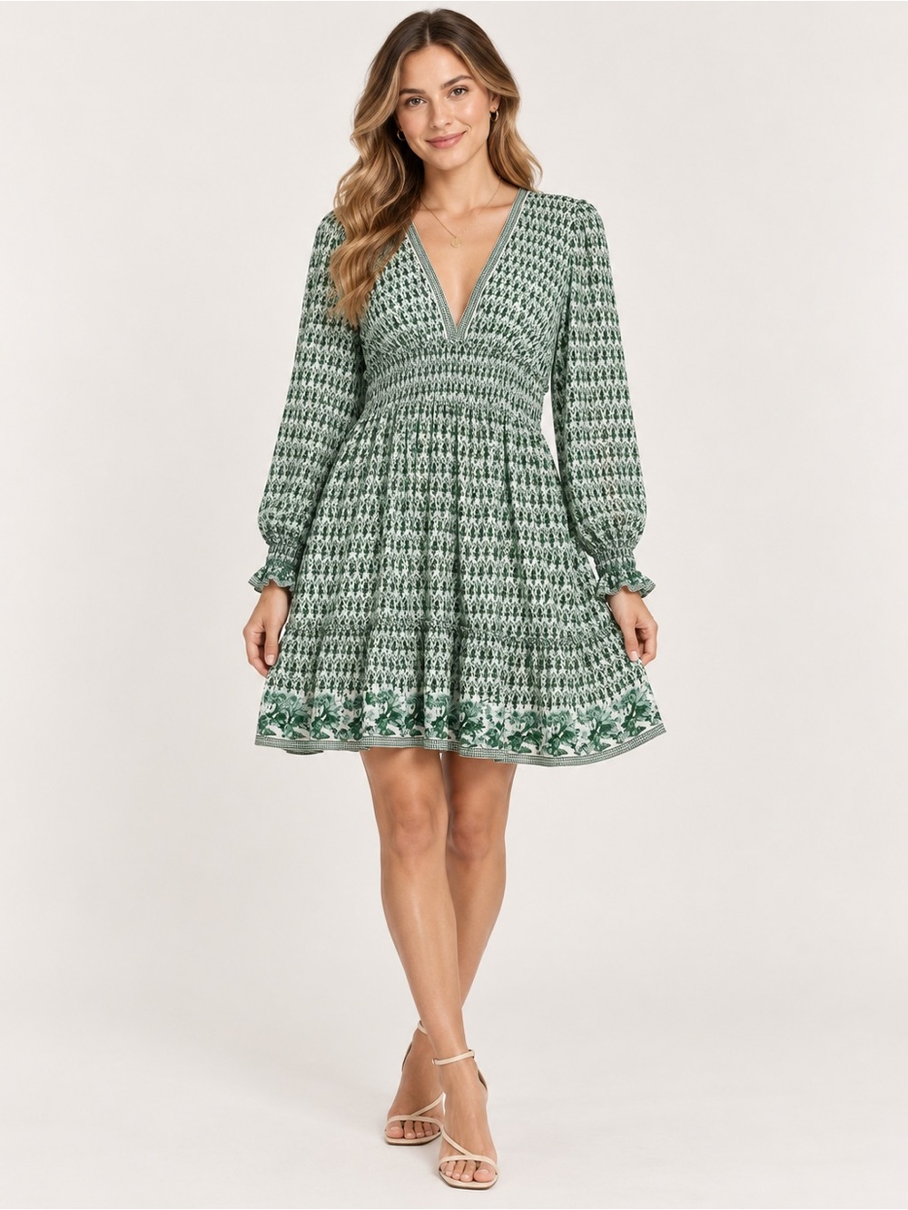 Max Studio Green Printed V-Neck Smocked Waist Mini Dress